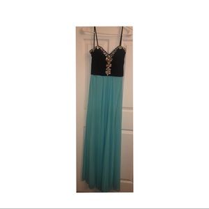 Blue and black strapless dress